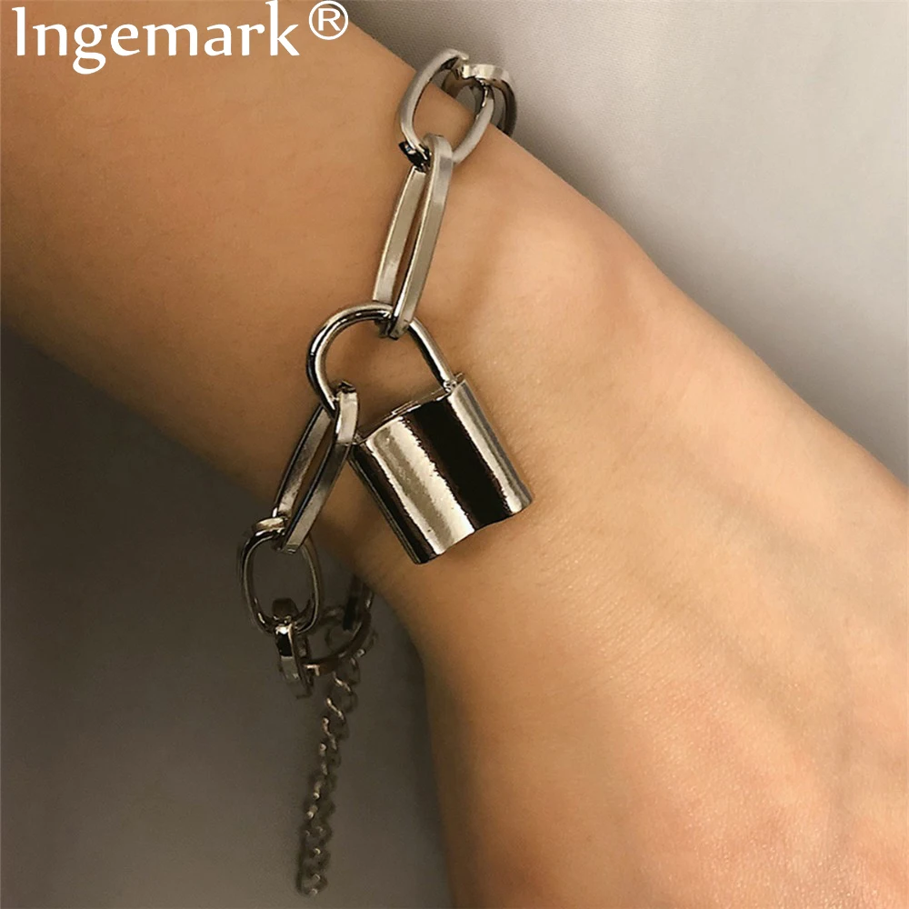 

Ingemark Punk Lover's Lock Pendant Bracelets Bangles Couple Charms Carved Love Heart Chain Bracelet for Woman Jewelry Gifts 2019