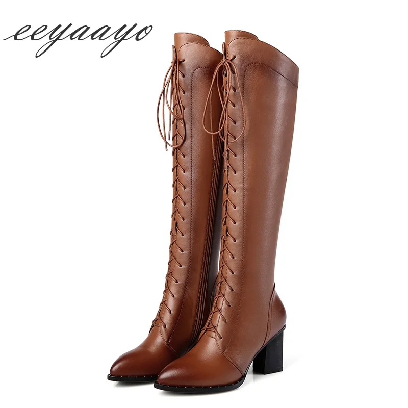 

2018 New Genuine Leather Winter Women Knee-High Boots High Heel Pointed Toe Sexy Ladies Women Cow Leather Shoes Motorcycle boots