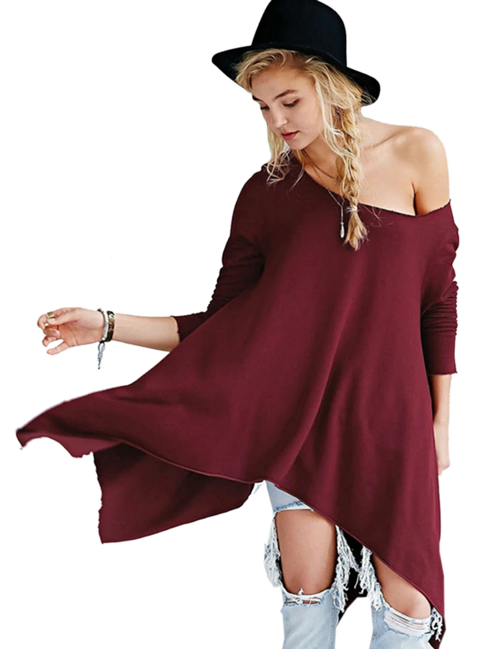 Sexy Red Blouse Irregular Skirt Slash Neck Solid Ruched Tops Loose Full