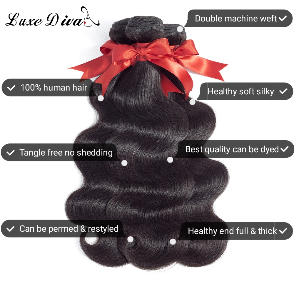 LUXE DIVA Body Hair Bundles With 4*4 Lace Frontal Human Hair Bundles With Closure 3 Pieces With Closure Peruvian Remy Hair LUXE DIVA Body Hair Bundles With 4*4 Lace Frontal Human Hair Bundles With Closure 3 Pieces With Closure Peruvian Remy Hair