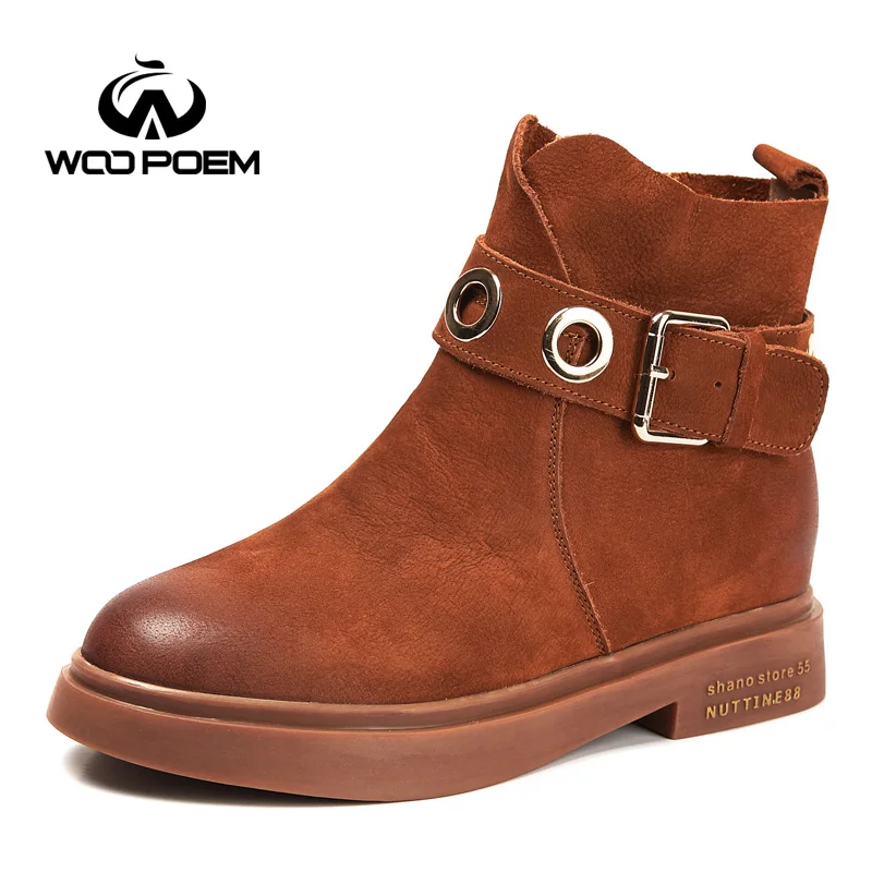 

WooPoem Brand Motorcycle Boots 2018 Winter Shoes Woman Genuine Leather Platform Med Heel Ankle Short Boots Women Boots WH31193
