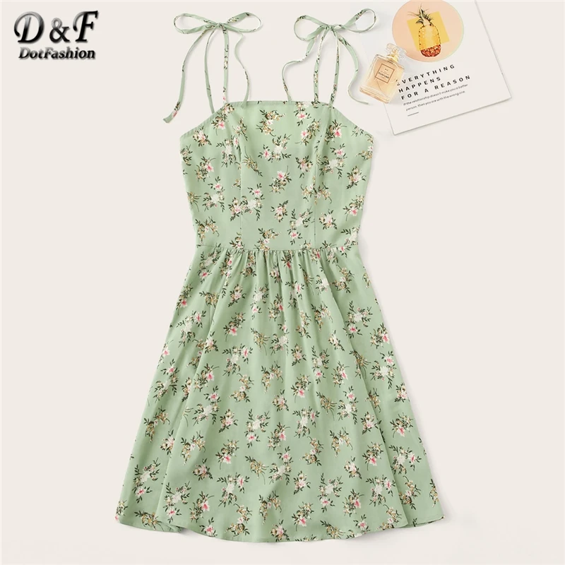 

Dotfashion Ditsy Floral Self Tie Shoulder Dress For Women Green Pastel Summer Cami Dresses 2019 Sleeveless Boho Beach Dress
