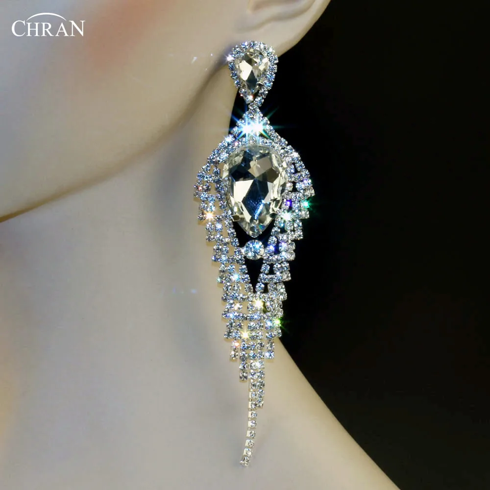 

Chran New Luxury Bridal Silver Color Rhinestone Crystal Earings Wedding Party Dangle 5.5" Chandelier Drop Earrings Jewelry LE803