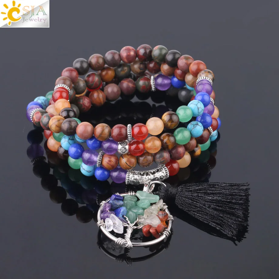 

CSJA Chakra Bracelet Multilayer Healing Natural Stone 108 Mala Rosary Beads Life of Tree Tassel Pendant Meditation Bangles F683
