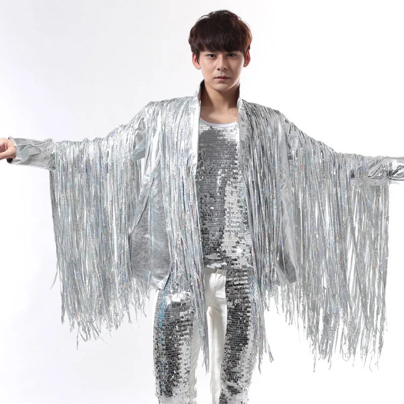 

Band Rock Drum Men And Women Singer DJ Adult Show Tassel Punk Silver PU Leather Tank Tops Boys Male Show Costumes Hologram Coat