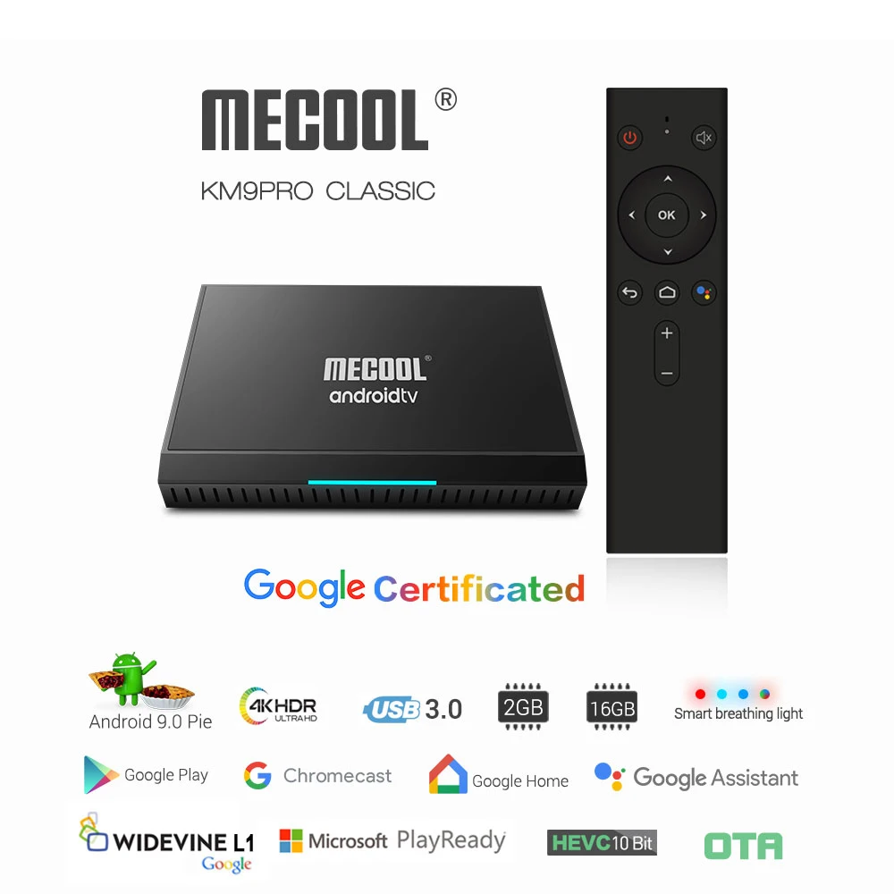 ТВ приставка MECOOL KM9PRO классический Смарт Android 9,0 ТВ приставка UHD 4K медиаплеер Amlogic 2 ГБ/16 ГБ голосовой пульт дистанционного управления Android приставка ТВ