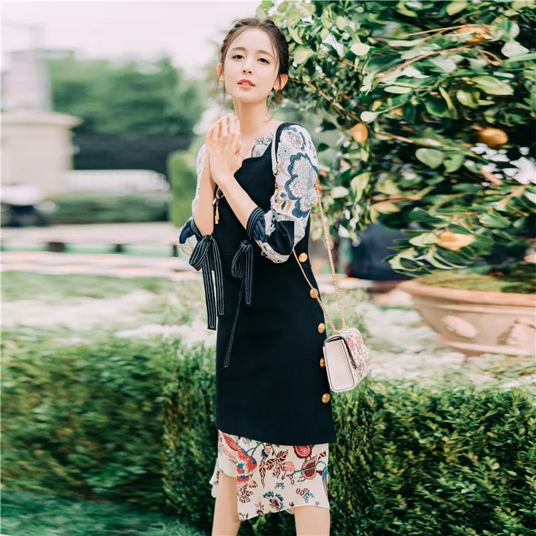 

Gulinaza Long Print Dress Black Slim Strap Dress Suspender 2019 O-Neck Knee-Length Print A-Line Fashion Dresses Clothes Women
