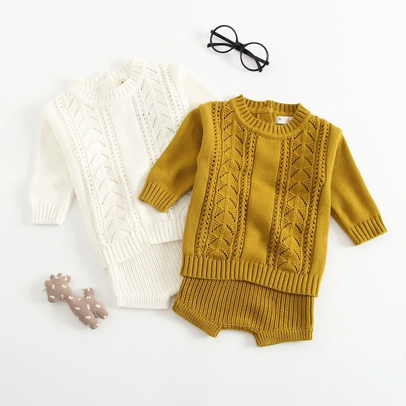 

Autumn Boy Girl Cotton Knit Long Sleeve Clothes Set Hollow Out Top+shorts 2pcs/set Fall