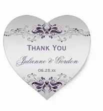 1.5inch Ornate Purple Silver Swirls Heart Wedding Favor Heart Sticker