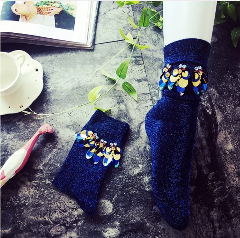 gtglad 2018 New Arrived Korean Style Fashion Glitter Socks Women Spring Winter Sequins gem Candy Color Hand-made Socks