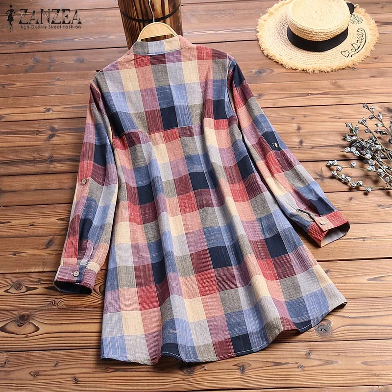 ZANZEA Autumn Vintage Plaid Check Long Shirt Women Long Sleeve Buttons Blouse Tunic Tops Casual Work Blusas Femininas Vestido