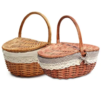 

Hand Made Wicker Basket Wicker Camping Picnic Storage Hamper With Lid And Handle Wooden Color Wicker Picnic Basket