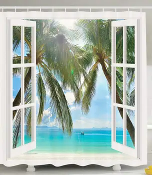 

Ocean Shower Curtain and Mat Set, Exotic Beach Water and Palm Tree By The Shore with Clear Sky Landscape Image Bathroom Curtains