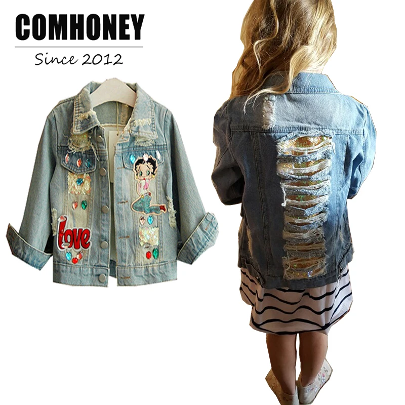 Girls Jacket Jeans Sequin Denim Bright Diamond Ripped Outwear For Baby