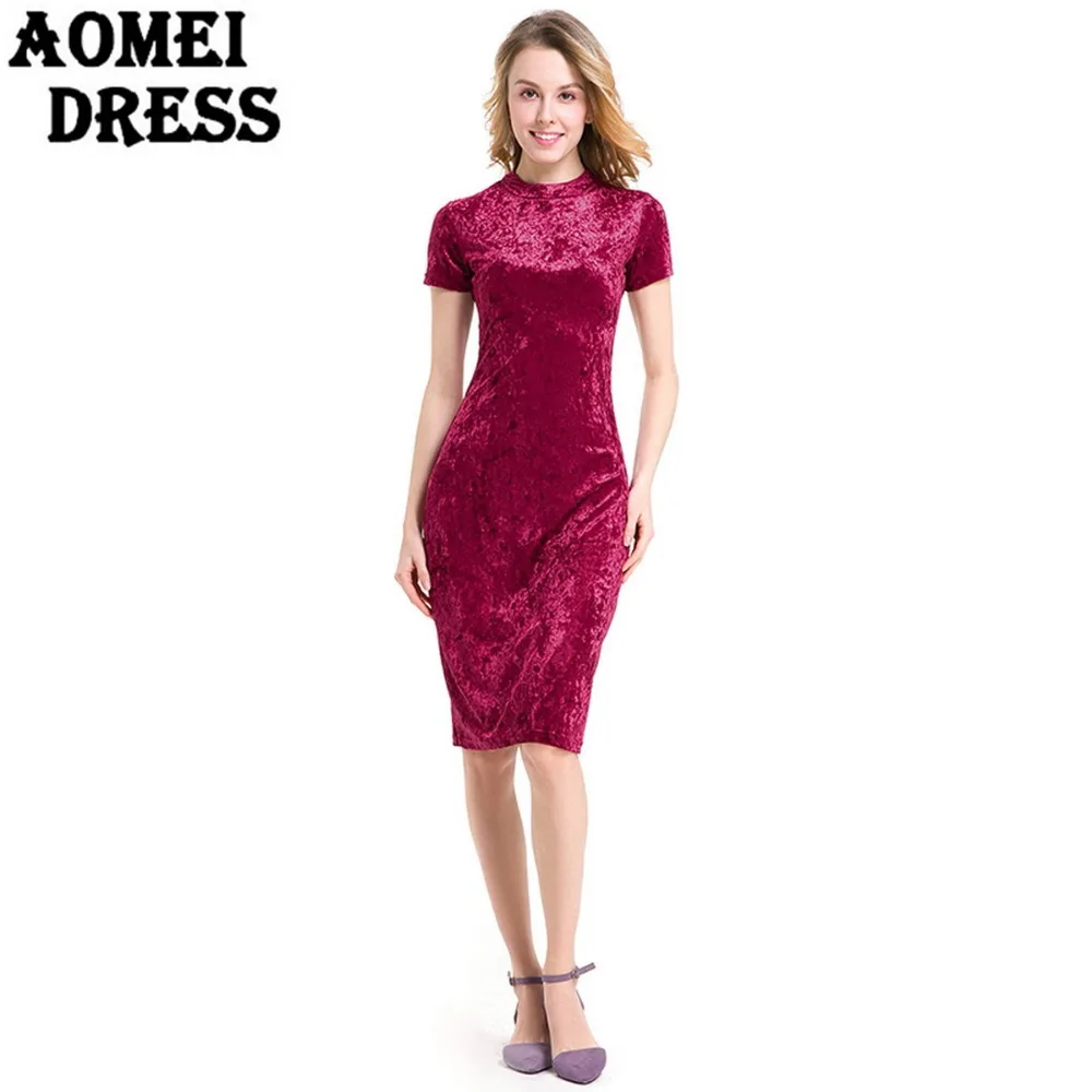 2018 Primavera Vino Di Velluto Rosso Di Lunghezza Del Ginocchio Vestito Sottile Spalla Di Modo Del Manicotto Elegante Ufficio Delle Signore Bodycon Abiti Tuniche Abiti Vestidos F Vestidos Fashionbodycon Dress Aliexpress