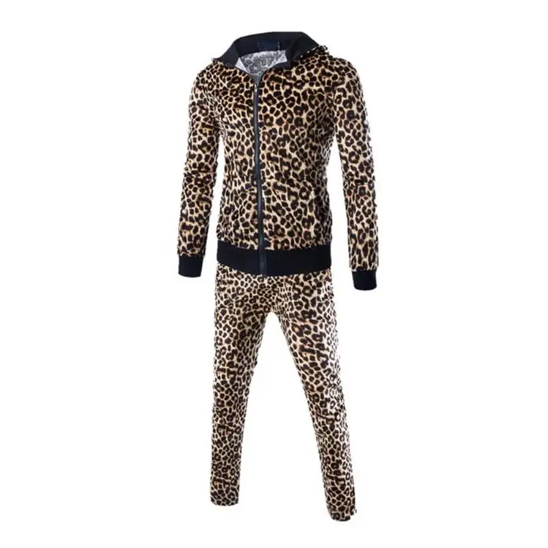 

2pcs Men's Leopard Print Sweatshirt Suit Set Fashion Casual Long Sleeve Zipper Male Hooded Sweatshirt + Pants Outfit Set Autumn