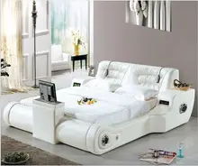 Real Genuine leather bed TV Soft Beds Bedroom camas lit muebles de dormitorio yatak mobilya quarto massage speaker bluetooth