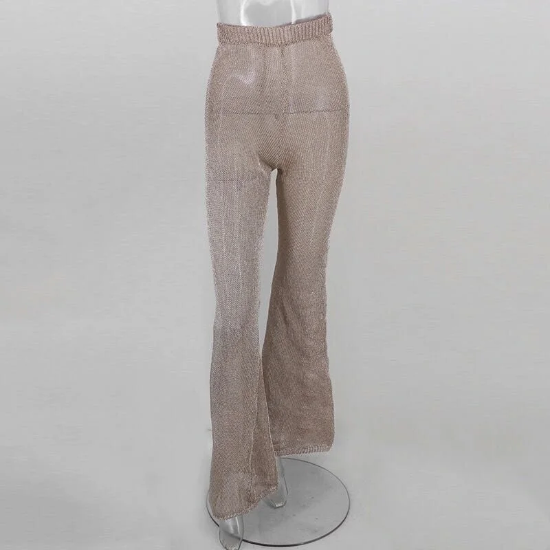 Трикотажные расклешенные брюки для женщин летние новые модные вязанные широкие брюки сексуальные Клубные Вечерние брюки с вырезами pantalon femme - Цвет: Rose gold