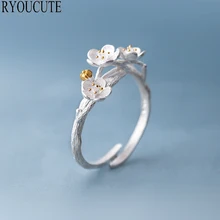 Anillos de flores de ciruela para mujer, de Color plateado, personalidad exagerada, tamaño ajustable