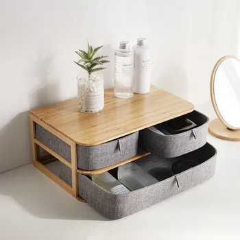 

Multi-layers Bamboo Wood Storage Box with Oxford Cloth Drawers for Desktop TB Sale