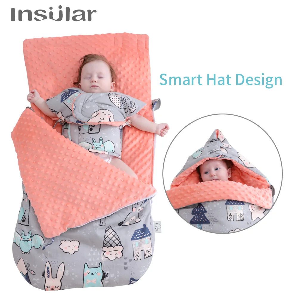 Insular/зимнее теплое Пеленальное Одеяло для новорожденных, с шапочкой, комфортное одеяло для младенцев, спальный мешок для малышей, стеганое одеяло