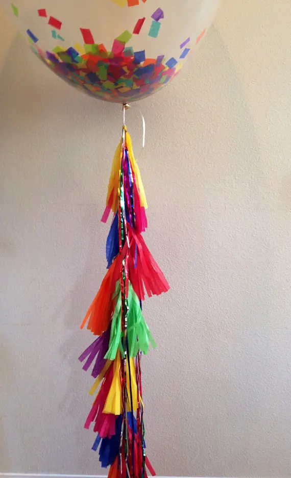 Rainbow balloon tassel Giant 36" clear confetti, 90inches long tassel