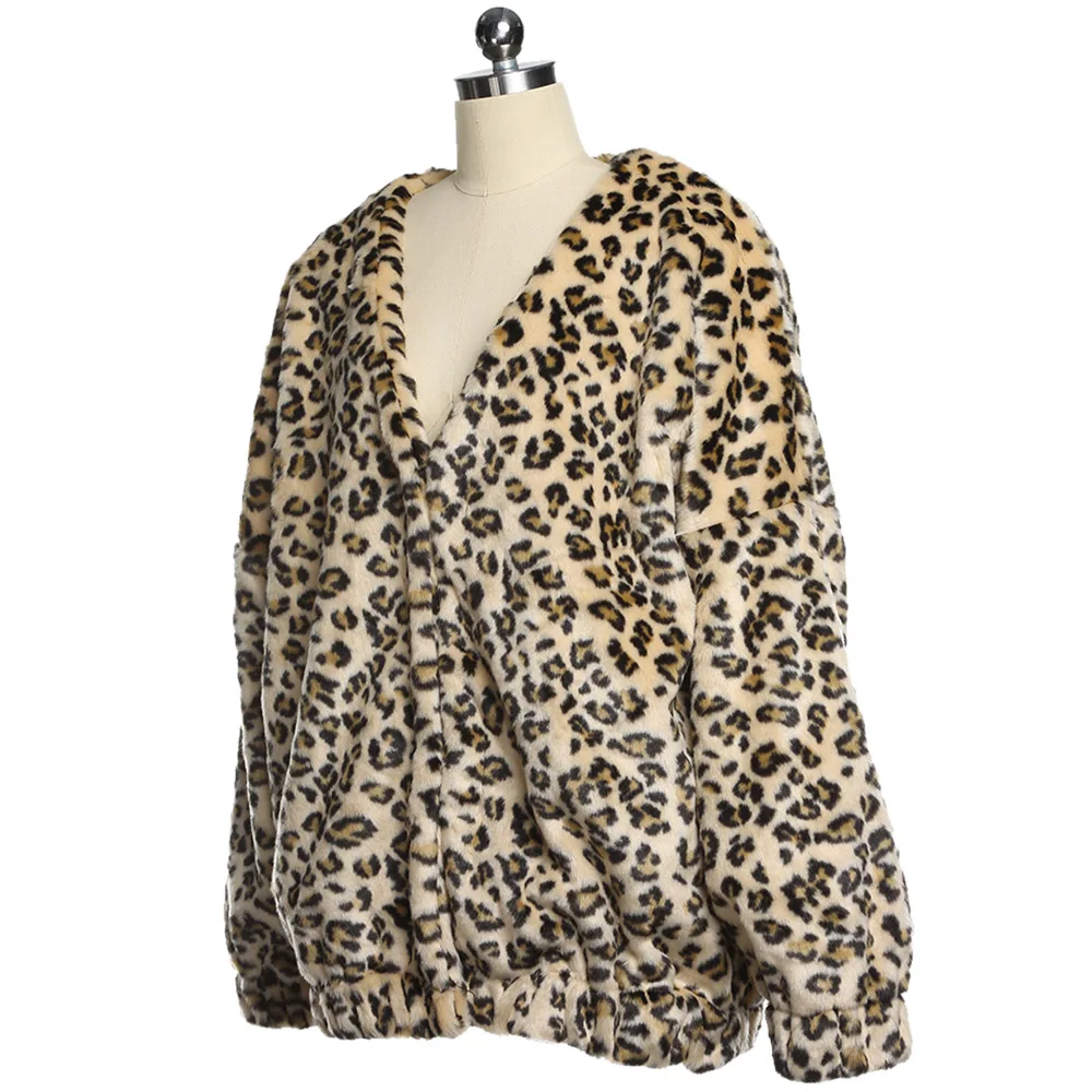 Женское пальто из искусственного меха, повседневное длинное пушистое теплое пальто с длинным рукавом, женская верхняя одежда с карманами, осенне-зимнее пальто с леопардовым принтом