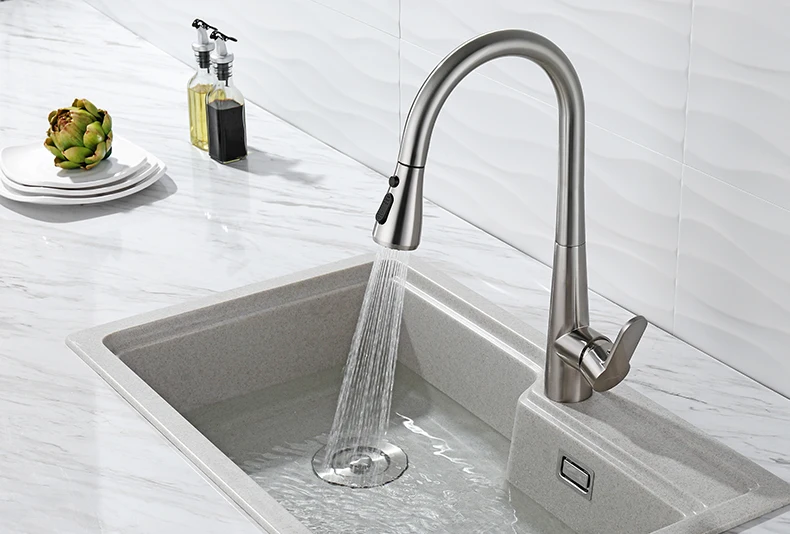High Arc Brushed Nickel Pull Out Kitchen Water Tap Single Hole Swivel 360 Degree Kitchen Sink Faucet with Pull Down Sprayer