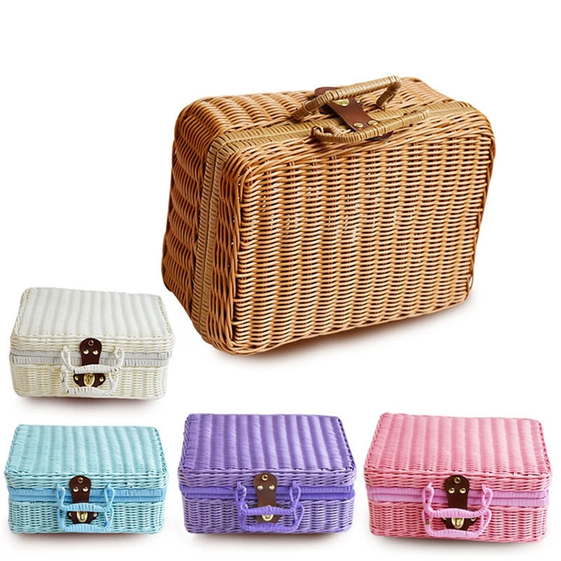 WCIC Bamboo Picnic Basket Storage Fruit Basket Mini Food Basket Storage Container for Outdoor Rattan Baskets Travel Suitcase