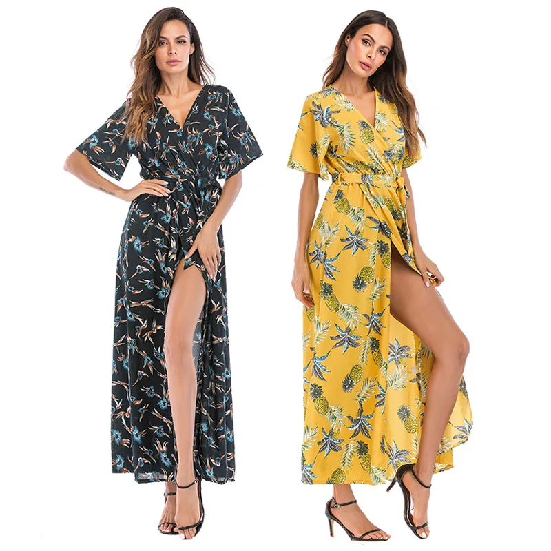 

2019 New Women Summer Boho Chiffon Beach Dress Fashion Casual Loose Floral Maxi Dresses Slit Flowy Sexy Sundress Plus Size XL