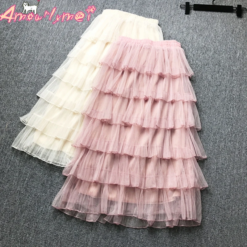 

Summer Women Skirt Mori Girl Kawaii Sweet Layered Mesh A-line Long Skirts Elastic High Waist Tulle Princess Party Skirts Female