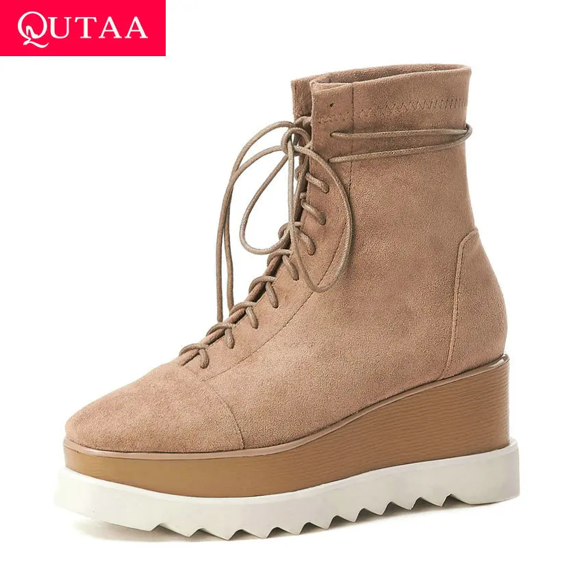 

QUTAA 2020 Wedge Heel Flock Lace Up New Autumn Winter Fashion Women Shoes Square Toe Platform Antiskid Ankle Boots Size 34-39