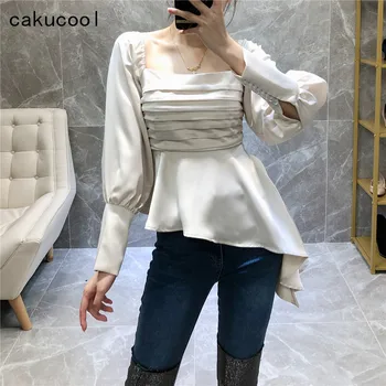 

Cakucool Runway Design Women Blouse Slash Neck Long Sleeve Pearl Pleats Satin Blouses Asymmetric Sexy Vintage Shirt Blusa Femme