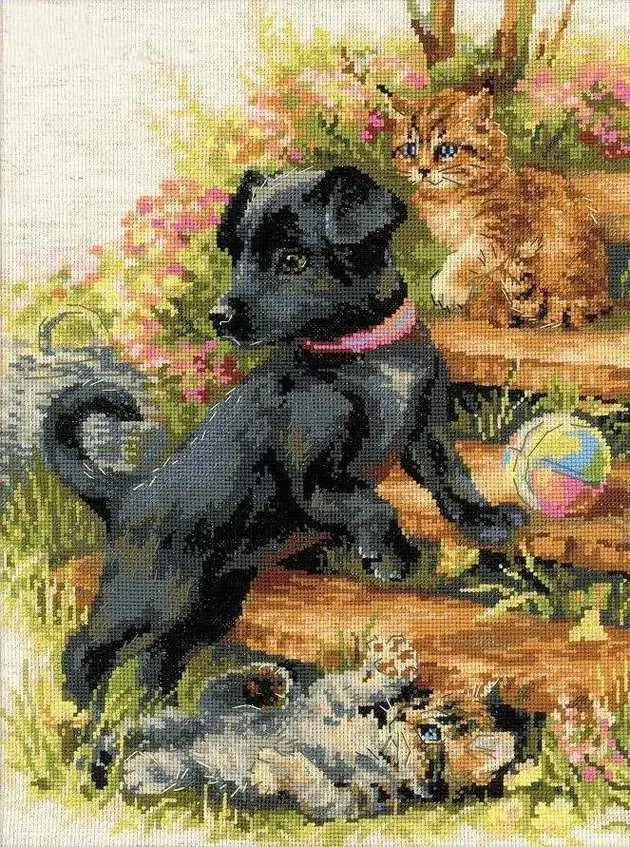 Prezzo Alta Qualità 14CT Contati Stampati Cross Stitch Kit Set Needlework Arte Del Ricamo Nero Cane e Gatto Animale Sveglio Decor A Mano