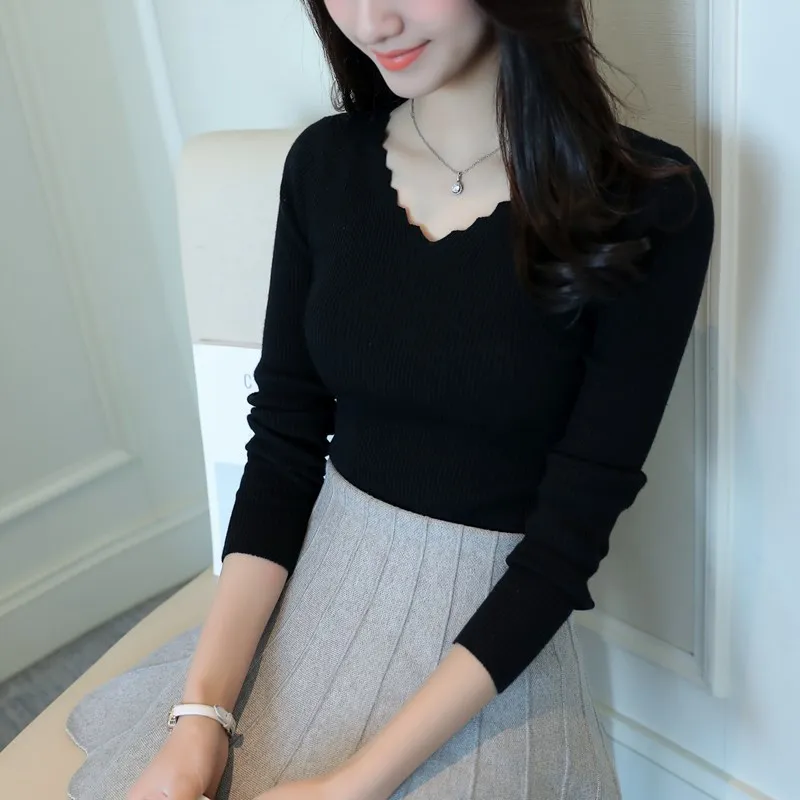 Autumn Women's Thin Knit Sweater Casual Solid Color Slim V Neck Long Sleeved Sweater Female Pullovers Sweaters 2019 Fashion