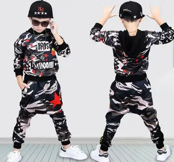 

Boys and girls, new autumn wear 2018 new sports kids' sports suit, camouflage spring and autumn cap, two sets of damp clothes.