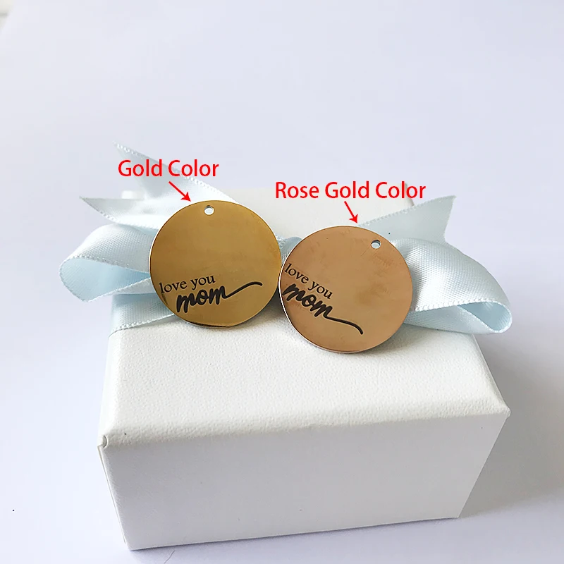 10pcs/lot 22mm Gold& Rose Gold Color DIY Pendant Circle Charm Laser "love you mom" Fashion Stainless Steel Jewelry Accessories