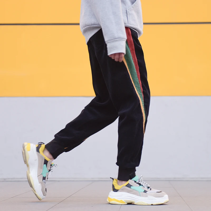Fashion Casual Men's Cropped Trousers Autumn New M-5XL Corduroy Color Matching Loose Beam Pants Black Personality Youth Popular
