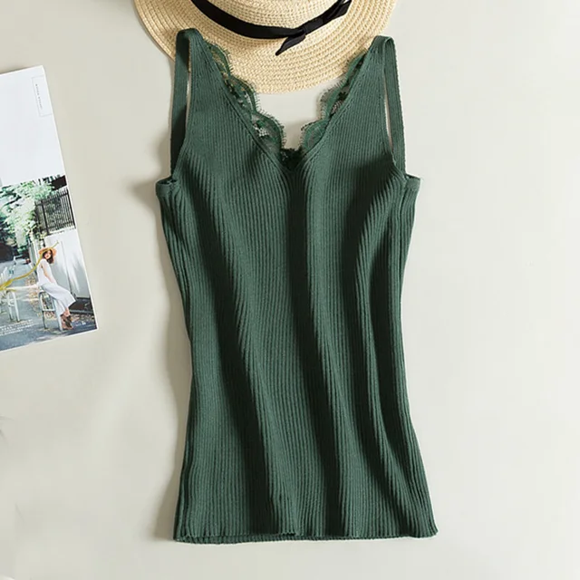Fashion Sexy Women Lace Camisole Splicing Double V-neck Vest Plain Slim Sling Camis Solid Colors