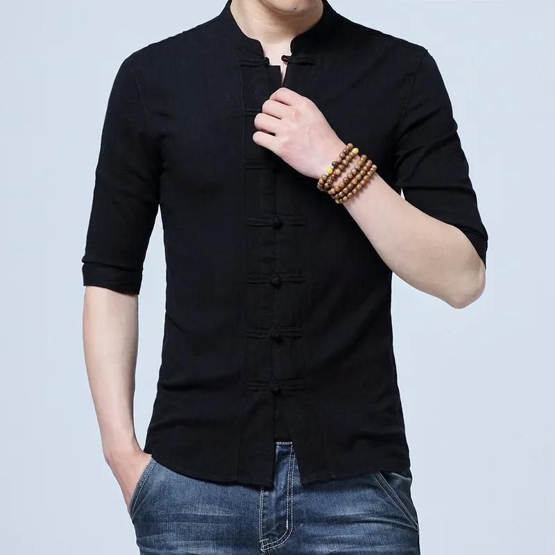 Men Half Sleeve Cotton Linen Chinese Style Shirts Kung Fu Tai Chi Tang Suit Style Tops