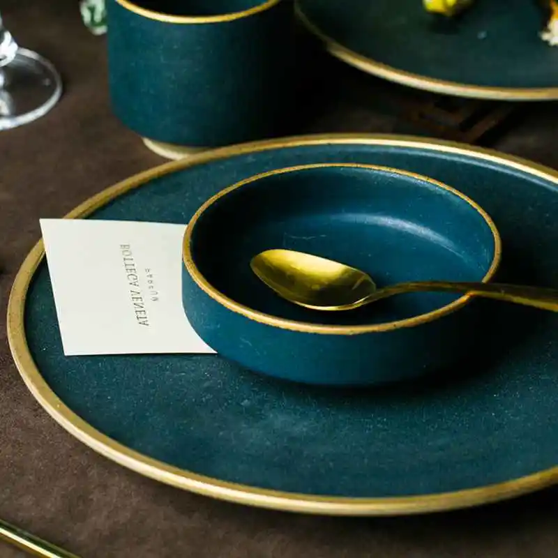 Керамика Золотая инкрустация пластин стейк блюдо для еды Nordic Стиль столовая посуда в ретро стиле чаша Ins тарелку чашку High End посуда набор