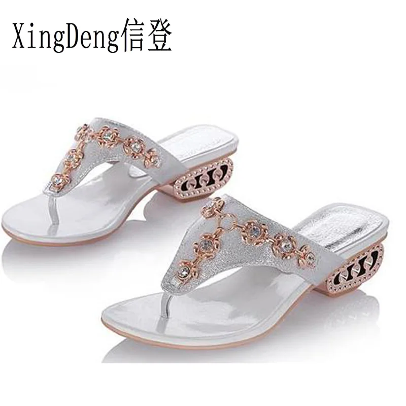 XingDeng Для женщин со стразами повседневные сандалии женские летние квадратный каблук Летние босоножки Обувь Плюс Размеры 33-43