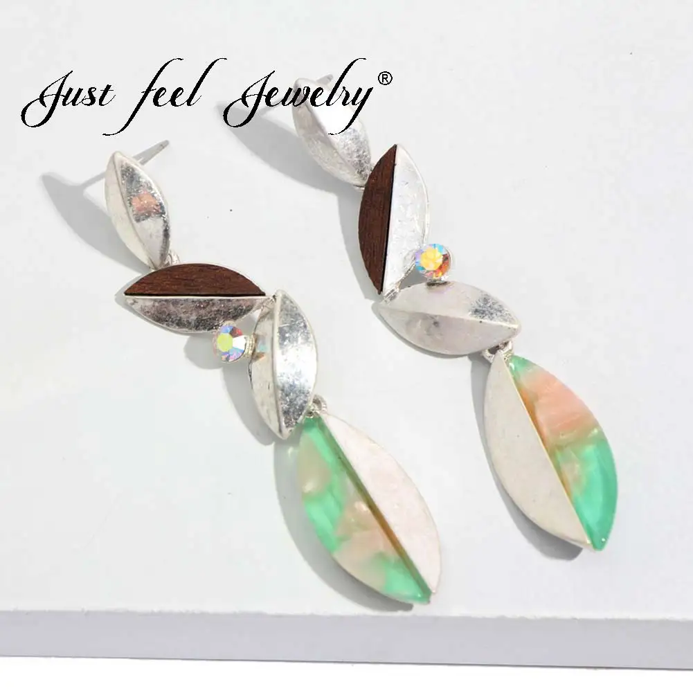 

JUST FEEL Vintage Leaf Drop Dangle Earrings For Women Shiny Crystal Boho Wood Acrylic Resin Long Pendant Silver Earring Jewelry