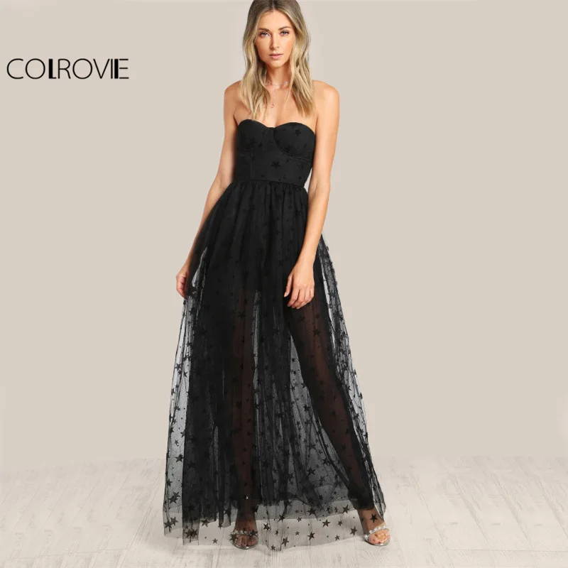 Online COLROVIE negro Sexy Bustier vestido de fiesta estrella rebaño mujeres lindo de la superposición de malla Maxi vestido de verano vestido sin tirantes pura vestido de corte