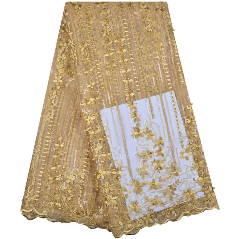 

Bridal Nigerian Lace Fabric Sequins Material Gold Lace Fabric High Quality African Lace Fabric Beads Mesh Tulle Lace Fabric 1245