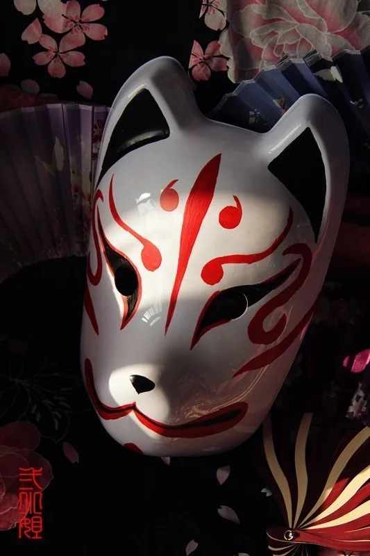 

Hand-Painted Full Face Japanese Fox Mask Demon Kitsune Cosplay PVC Masquerade Halloween Cartoon Character Mask red blue