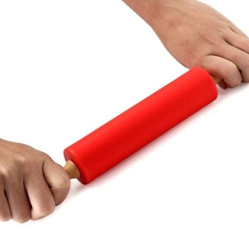 JX-LCLYL 12" Kitchen Wooden Flour Pastry Dough Handle Roller Silicone Rolling Pin Stick