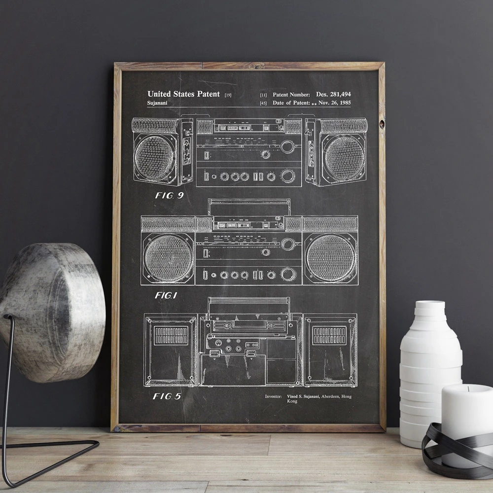 

Boom Box Cassette Player Art Poster Picture Prints Home Decor Vintage Blueprint Canvas Painting Gift idea Music Decoration