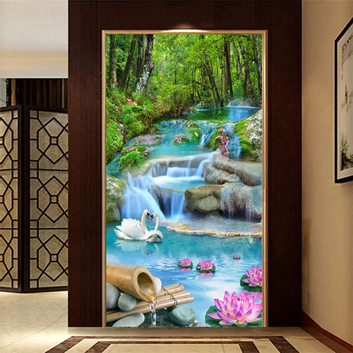 

Custom Mural Wall Paper Forest Creek Waterfall 3D Landscape Wall Painting Entrance Photo Background Non-woven Embossed Wallpaper