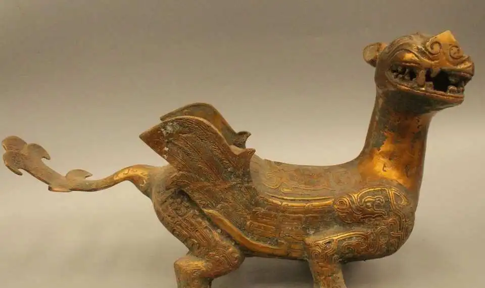 

17" China Chinese Fengshui Bronze Gild Bird Unicorn Beast Pi Xiu Statue Sculptur